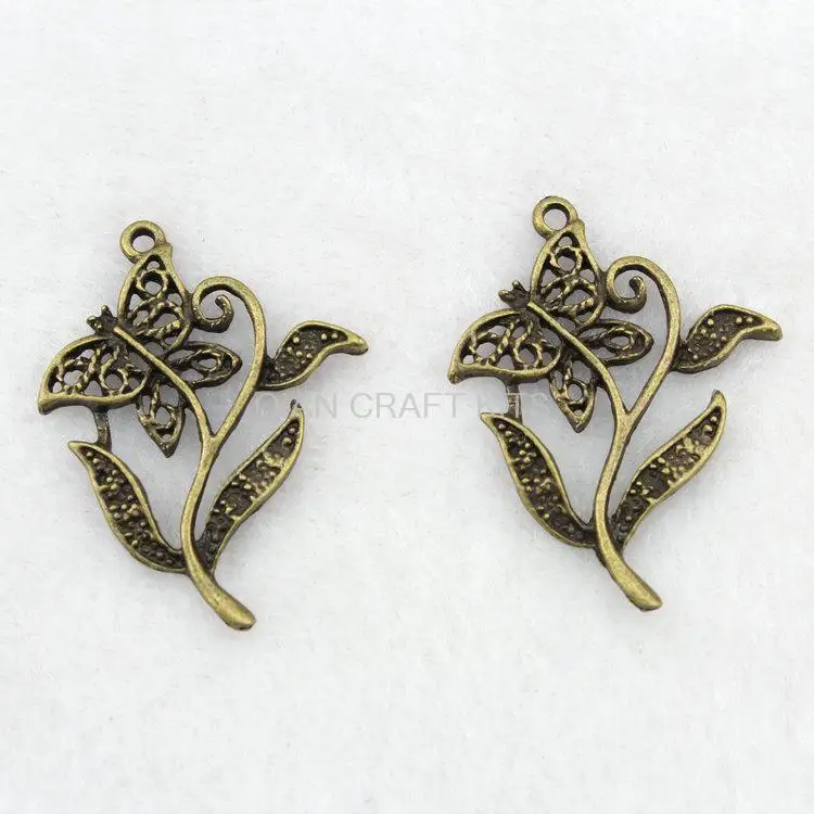 100pcs big flower w/ butterfly rhinestone pave 40*31mm antique bronze zinc alloy Charm Pendants DIY Supplies for handicraft