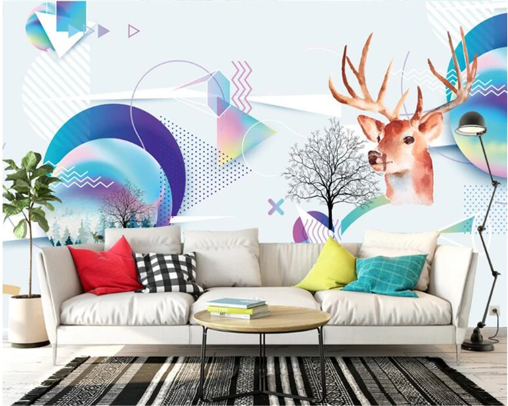 

beibehang Custom fashion wallpaper hand-drawn watercolor deer head magic abstract geometric background wall papers home decor