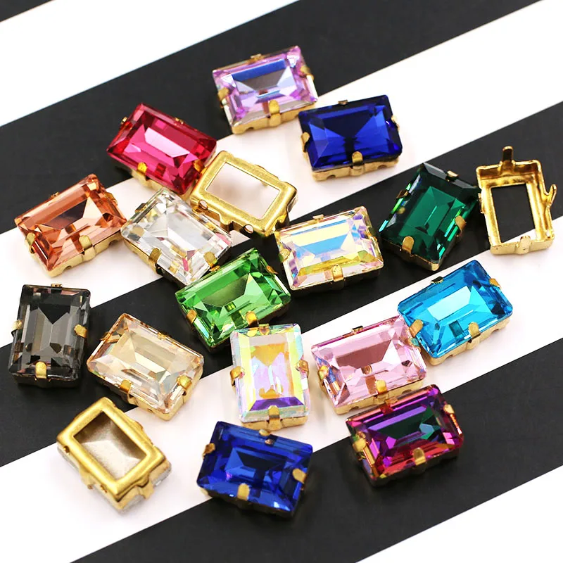 Wedding decoration 10x14mm K9 glass rhinstones crystal rectangle Hollow Gold base sew on rhinestones for clothing dress