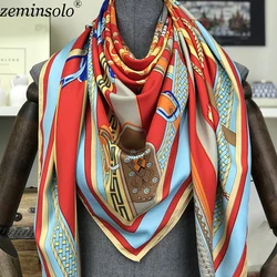 Novo design primavera verão quadrado cachecóis para mulheres moda feminina impressão corrente sarja lenço de seda marca de luxo xale bandana