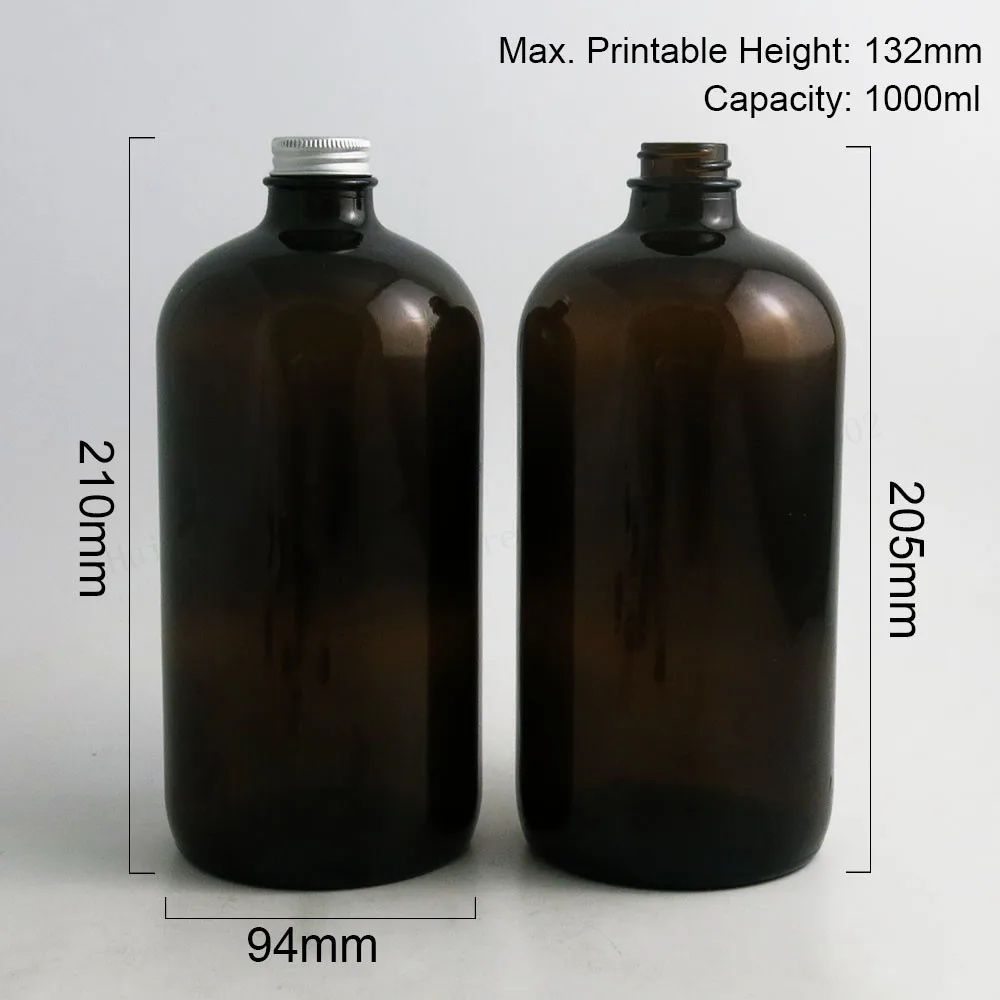 

2pcs 1000ml Large Refillable 33 Oz Amber Boston Round Glass Bottles with Silver Aluminum Cap 1000cc Glass Containers