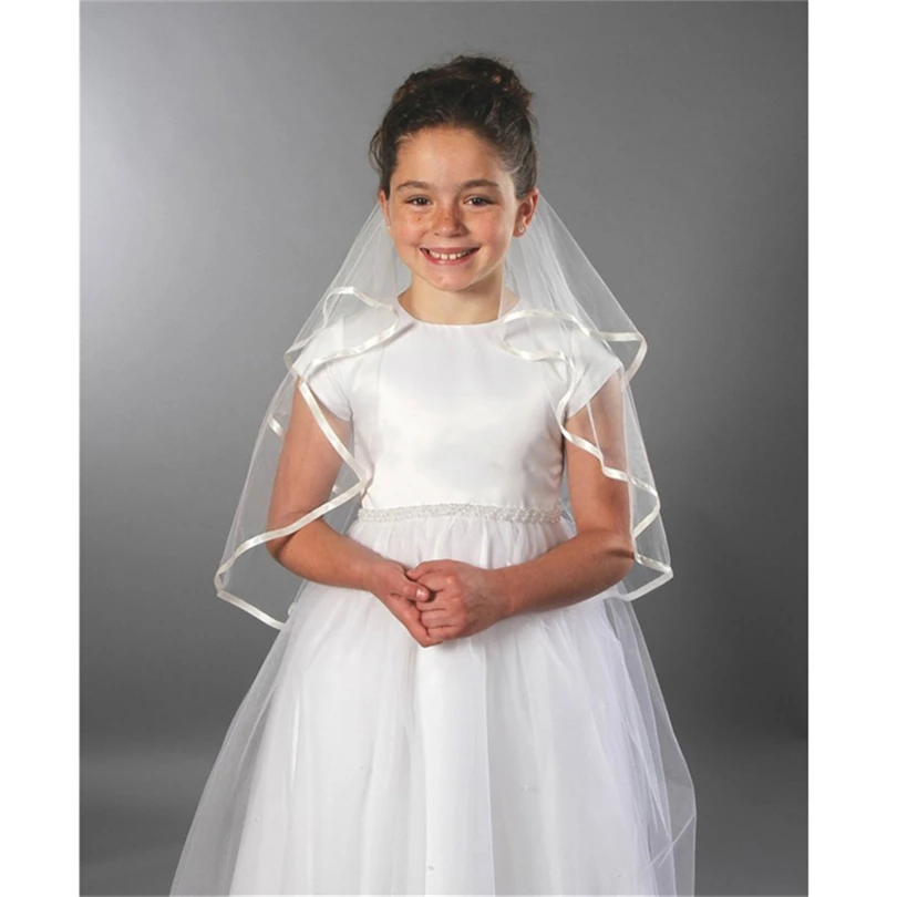 Kinder Weiß Elfenbein Hochzeit Blume Mädchen Erste kommunion Schleier Kinder Satin Rand 2 Schichten Schleier Voile Mariage Fille velos de novia