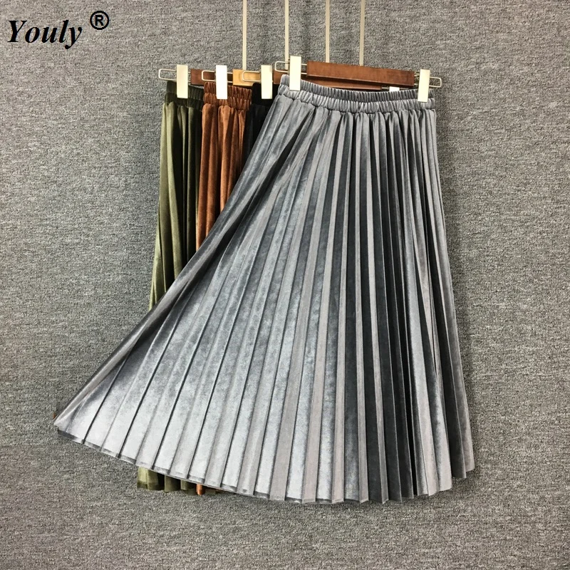 

Casual pleuche Pleated Skirts Womens 2022 Autumn Winter High Waisted Long Skirt Velvet Elastic Solid Pleated Skirts