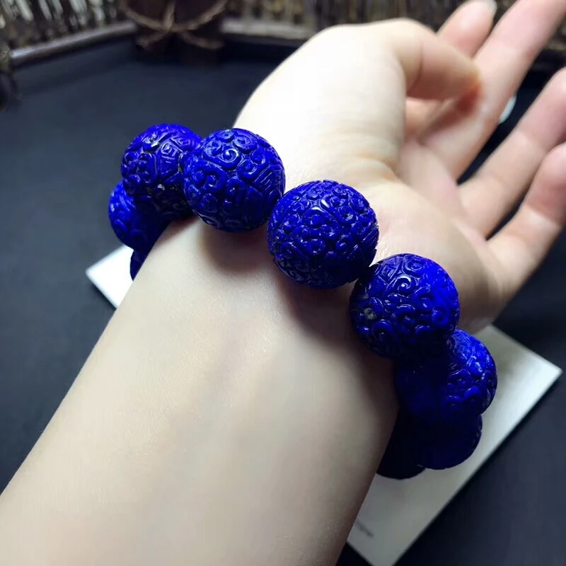 

Natural Royal Blue Lapis Lazuli Bracelet Gemstone 18mm Stretch Carved Round Beads Bracelet AAAAAA