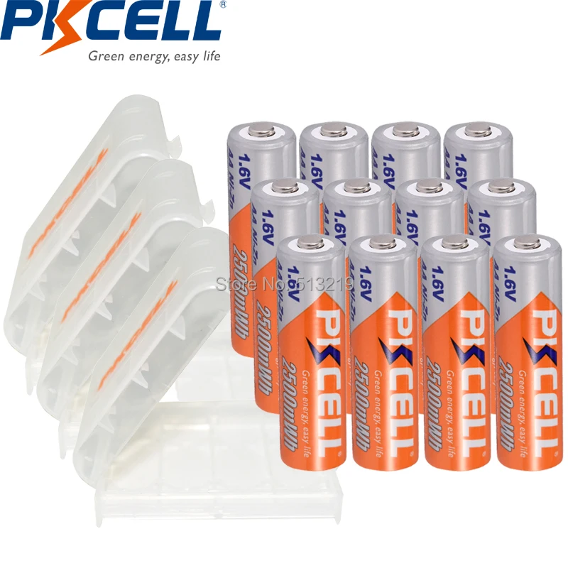 12Pcs PKCELL 1.6V AA 2500MWH Battery NI-ZN Rechargeable batteries AA pilas and 3PC Battery Box Case storage for toy camera