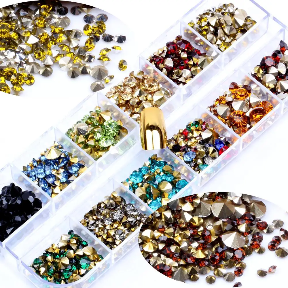 12 Colors/box Mixed Size 1200pcs Resin Point bottom Rhinestones Glue On Diamond Jewelry Nail Art Wedding Dress Decoration DIY