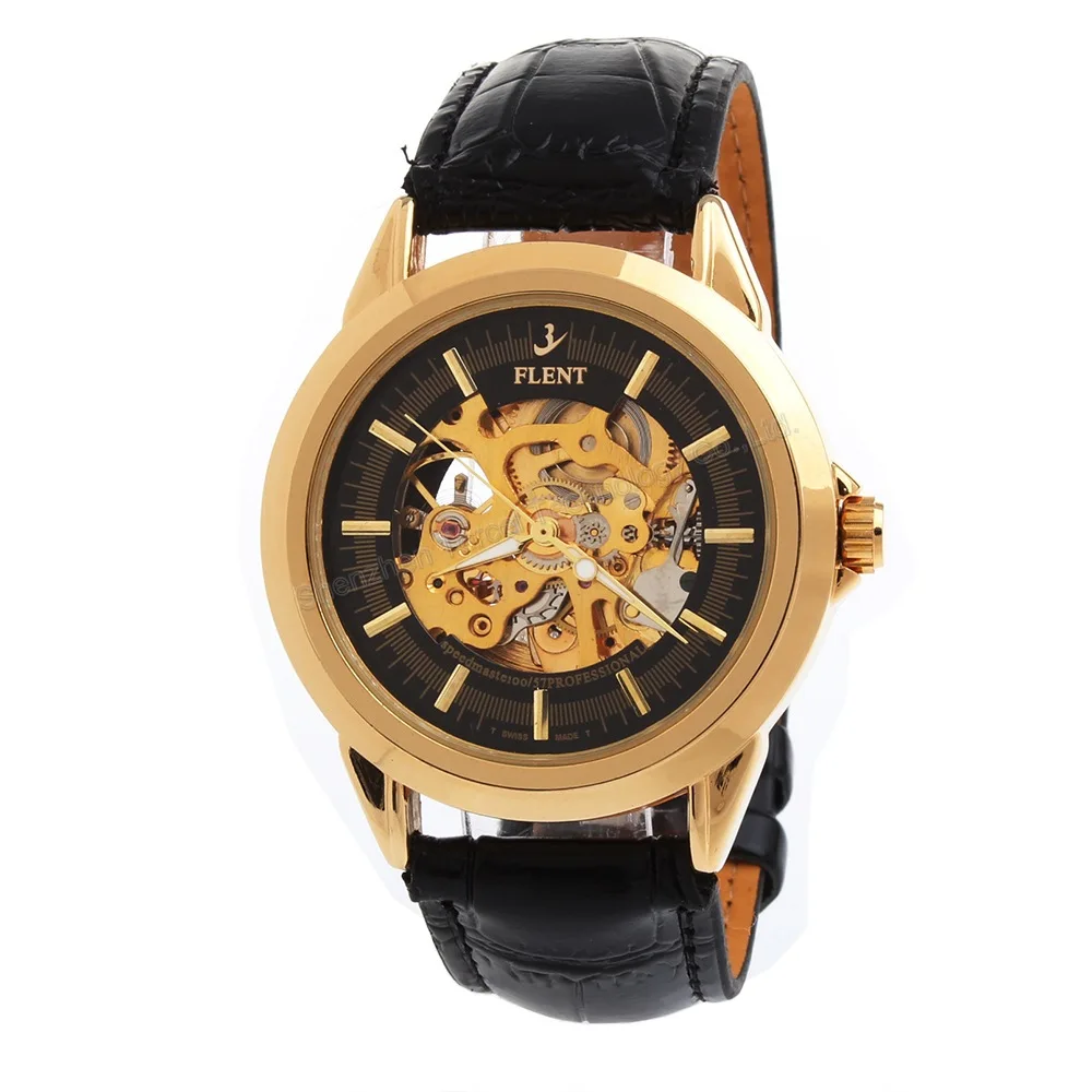 Otomatis Self-winding Skeleton Jam Tangan Tali Kulit Berongga Engraving Analog Wrist watch untuk Pria