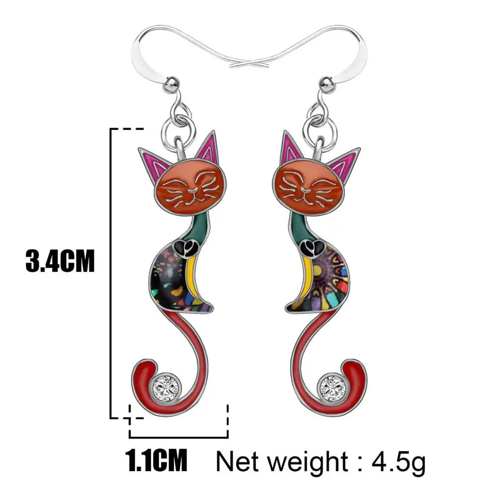 Bonsny Enamel Alloy Rhinestone Elegant Closed Eyes Cat Earrings Drop Dangle Fashion Animal Jewelry Women Girls Gift Accessories