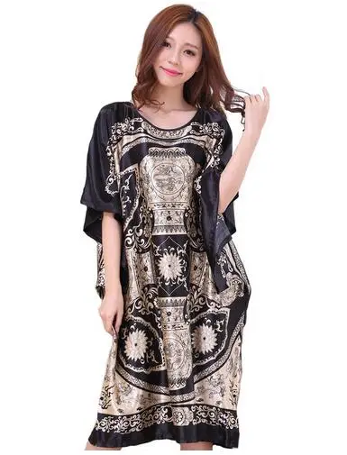 Plus Size Black Women\'s Summer Lounge Robe Lady New Sexy Home Dress Rayon Nightgown Large Loose Sleepwear Bathrobe Gown S002-B