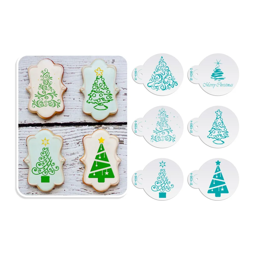 6pcs/set Christmas Tree Cake Lace Stencils Wedding Party Cookie Mould Cupcake Decoration Template Cake Tool