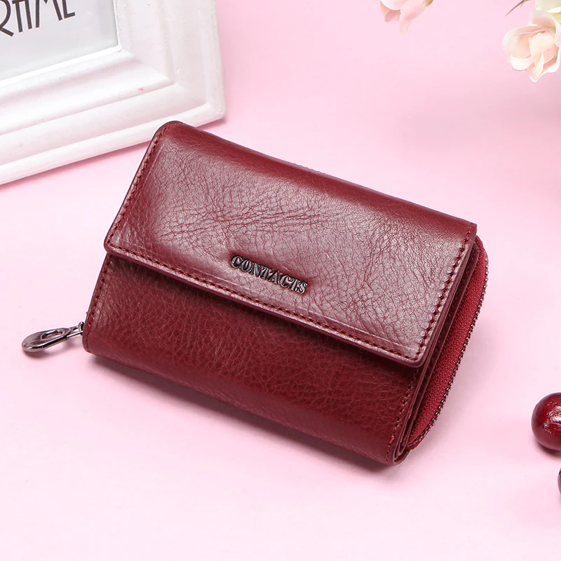 Contact\'s Free Engraving Genuine Leather Women Wallets Short Bifold Wallet Gift for Girls Coin Purse Card Holder Small Money Bag