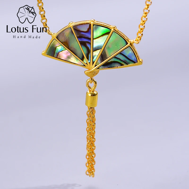 Lotus Fun Real 925 Sterling Silver Handmade Designer Original Fine Jewelry Folding Fan Tassel handle Pendant Necklace for Women