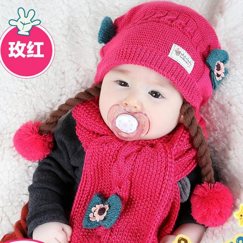 Doitbest False braids Child Knitted hats winter two flowers 2 pcs baby girl scarf hat set Age for 6 months-3 Years Old MZ4188