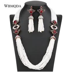 2 Pcs/lot Luxury African Beads Jewelry Set Vintage Red Stone Long Tassel Statement Necklace Earrings For Women