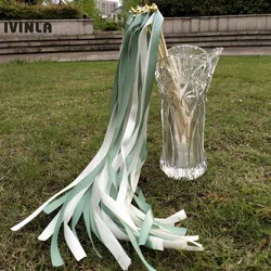 50 Pcs/Lot Grass Green Sages and White wedding ribbon wands