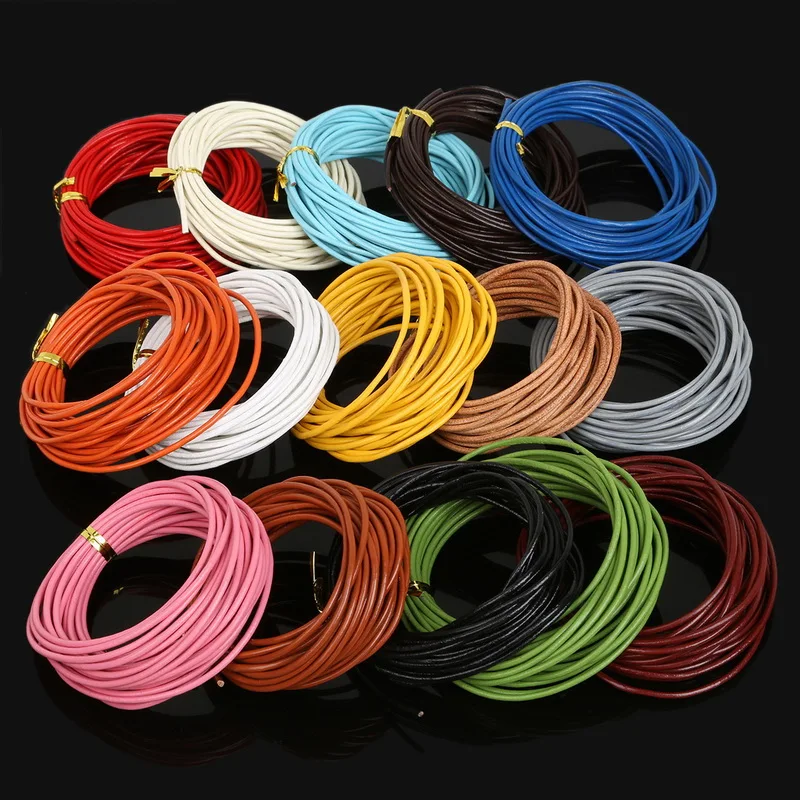 Wholesale  2mm 15 Color 5M Round Shaped Genuine Lether Hide Rope String Cord For Handmade Sewing Accessories