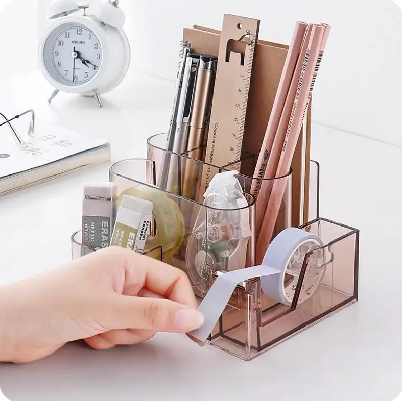 Transparent Stationery Storage Box Creative Desk Organizer Plastic Compartment Pen Holder Office Accessories