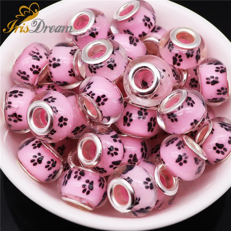 10Pcs Cute Lovely Dog Paws Rondelle Large Hole Spacer European Beads fit Pandora Bracelet Chain Necklace Bead for Jewelry Making