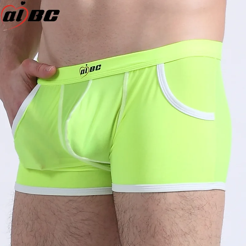 AIBC Big Penis Puch Sexy Underwear Men Boxer Shorts Bulge Novelty Pockets Ice Silk Boxers Men Underpants Transparent Panties