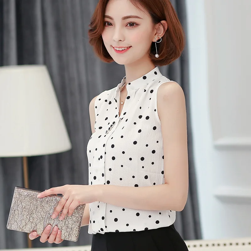 Women Chiffon Shirt Female Summer Sleeveless Stand Collar Blouse Office Ladies Fashion Work Top Slim Bottom Shirts Clothes H9036