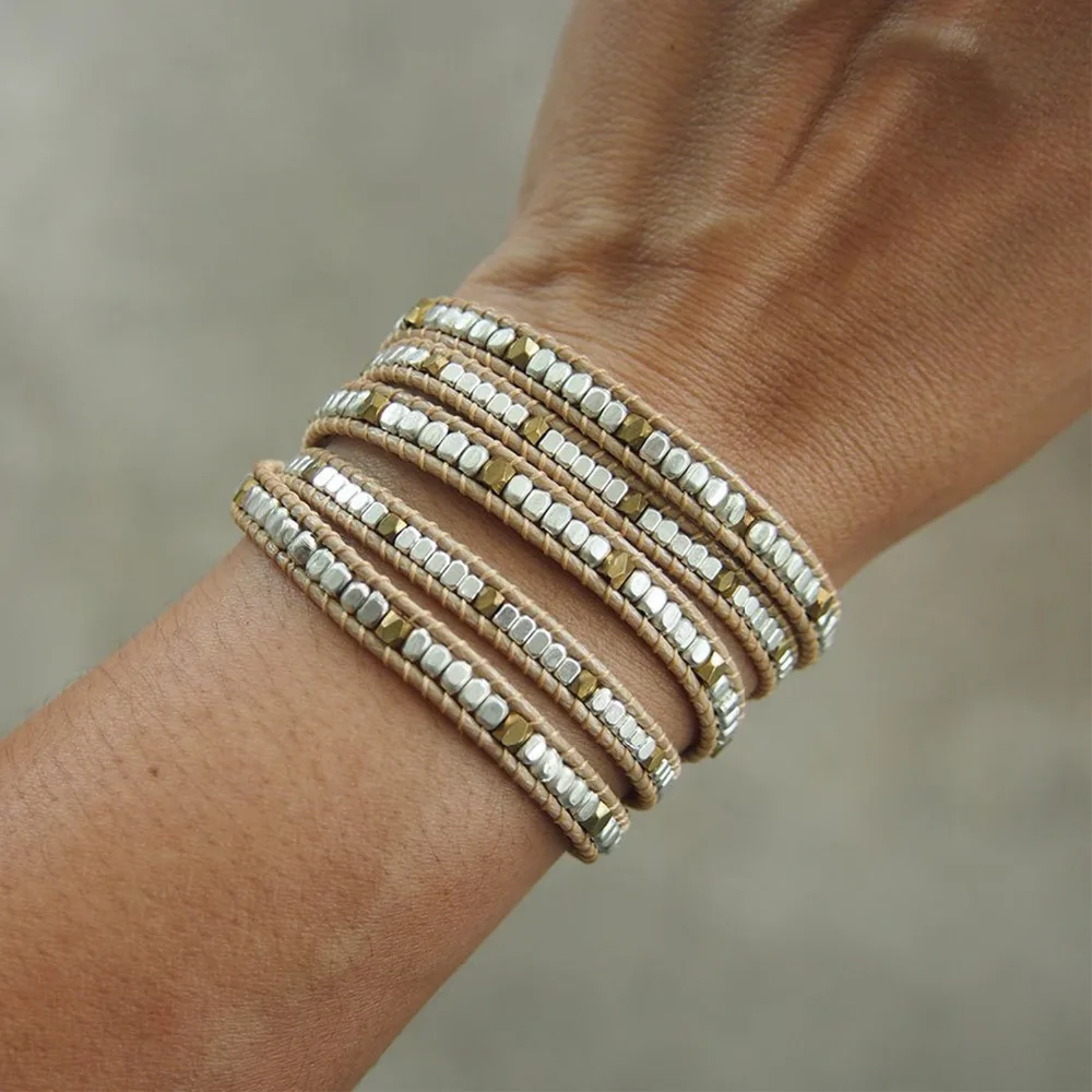 Bohemian Women Men Bracelets Style Brass Bead 5 Wraps Statement Bracelet for Men and Women