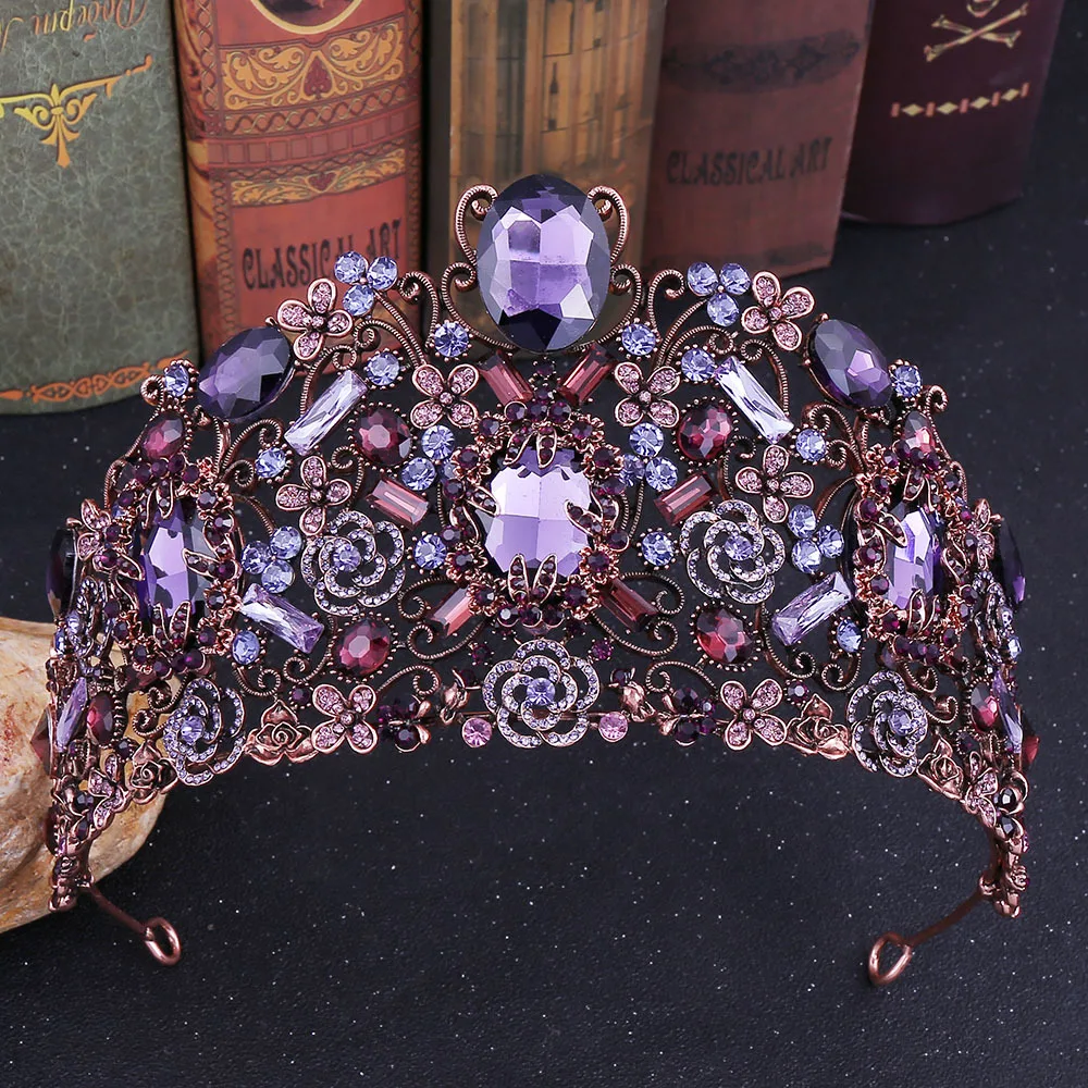 

2019 Luxury Baroque Bride Big Crown Hoop Purple Crystal Rhinestone Wedding Crowns Tiara Vintage Bridal Hair Accessories Hairband