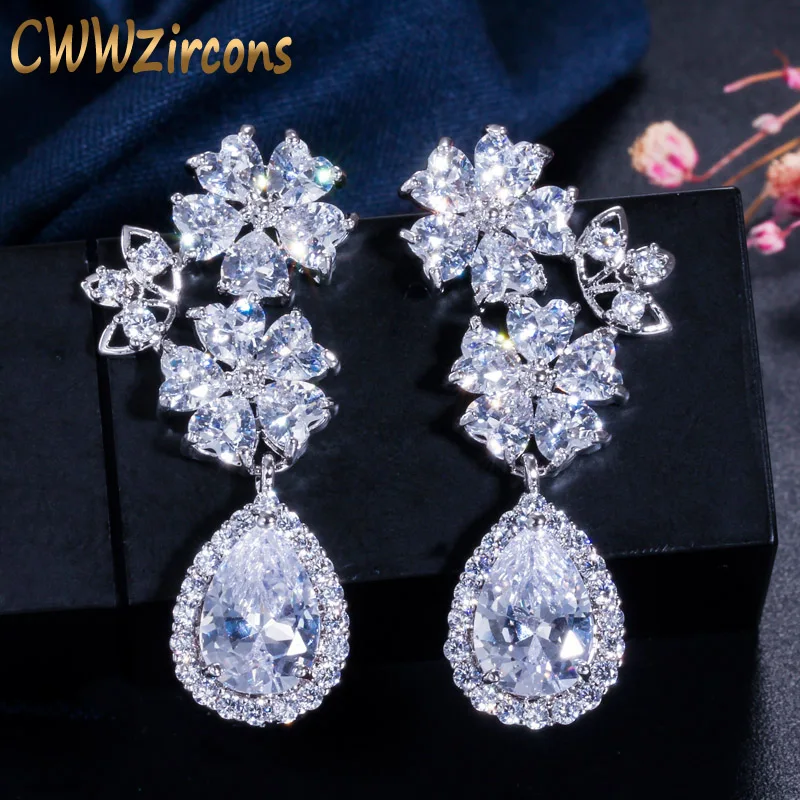 CWWZircons Brand Lovely Heart Shape Flower Clear Long Tear Drop CZ Stones Bridal Crystal Wedding Earrings for Brides CZ199