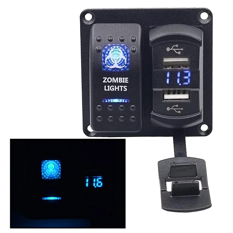 Waterproof Car Marine Boat 12V 24V On Off 2 Gang Rocker Switch Panel Blue LED Dual USB Volmeter Charger Zombie Lamp Switch