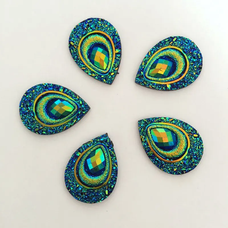 HOT 10PCS Resin AB color Peacock Teardrop Flatback Rhinestone Wedding decoration 2 Hole C57