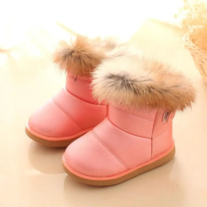 0-5y Kids Snow Boots Winter Girls Pu Children\'s Shoes Hook&Loop Solid Color Fur ADD WOOL WARM Fanshion Brand FOOTWEAR Y33