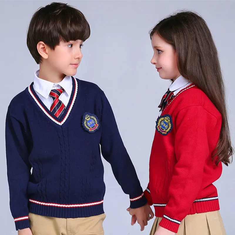 Suéteres para niños y niñas, jersey con cuello en V, abrigos de punto, escuela, estilo inglés, Tops para niños pequeños, ropa de invierno, 2018