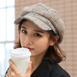 HT1991 Women Men Wool Felt Berets High Quality Autumn Winter Hat Thick Warm Unisex Octagonal  Cap Retro Plaid Beret Cap