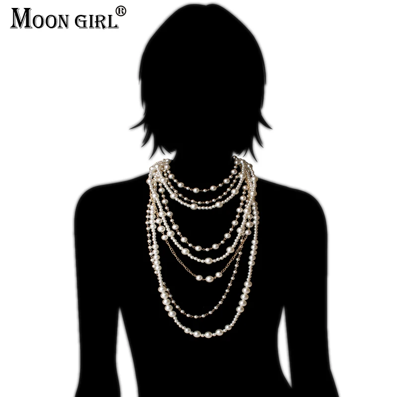 New MOON GIRL Multi-layer Simulated Pearls Chain Long Necklace Trendy Statement Choker Necklace for women Fashion Jewelry