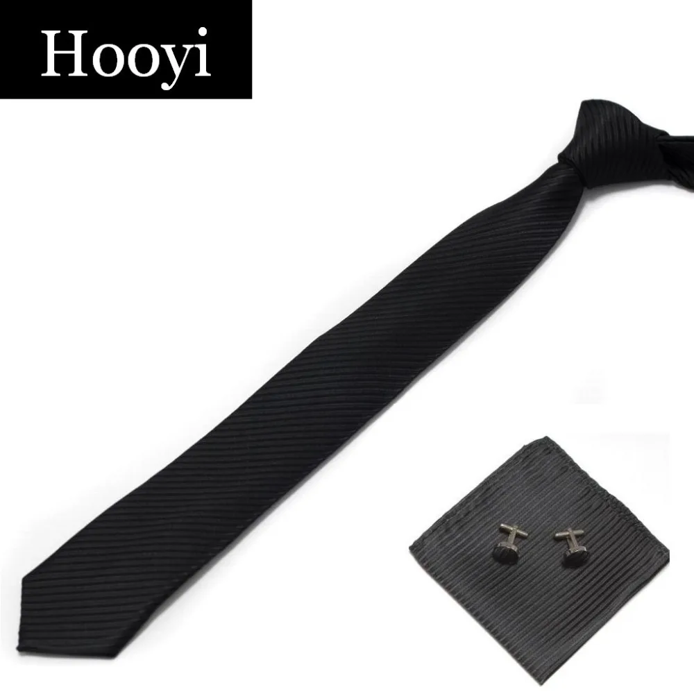 HOOYI 2019 new solid stripe men\'s skinny neck tie set Hanky cufflinks Pocket square handkerchief