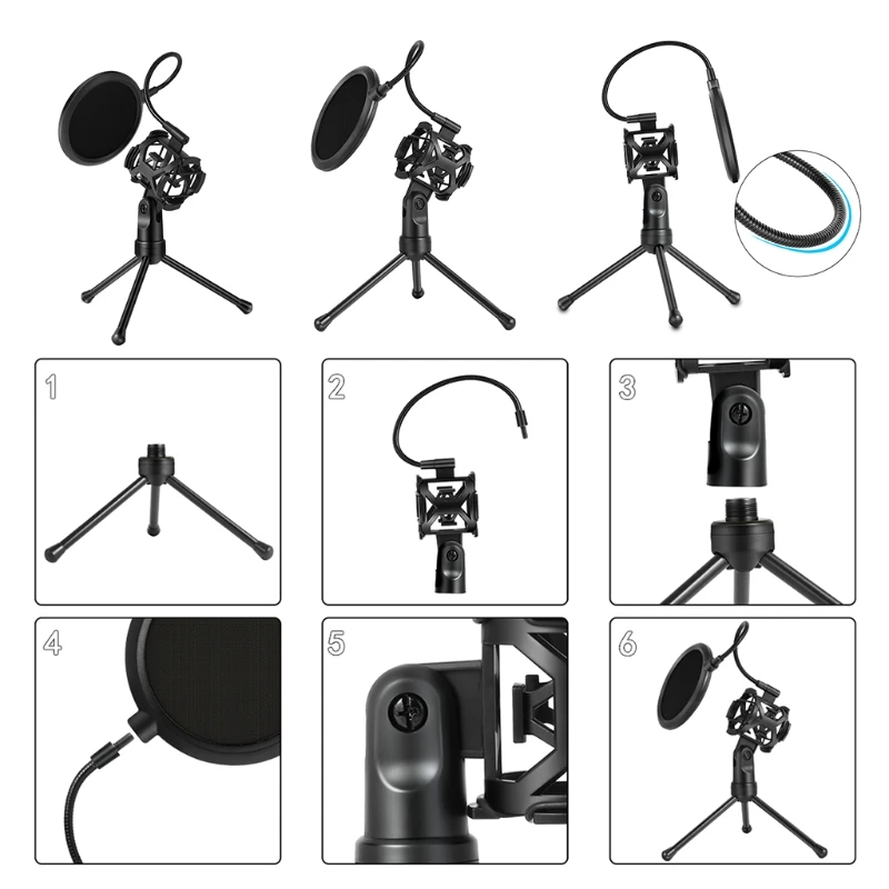 Microphone Stand Desktop Tripod Holder for Computer Video Recording with Mic Basket Holder Gooseneck Windscreen Filter Cover