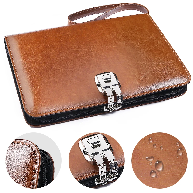 A5 Senior PU leather padfolio business travel notebook planner with Password Lock zipper ring binder lift handle