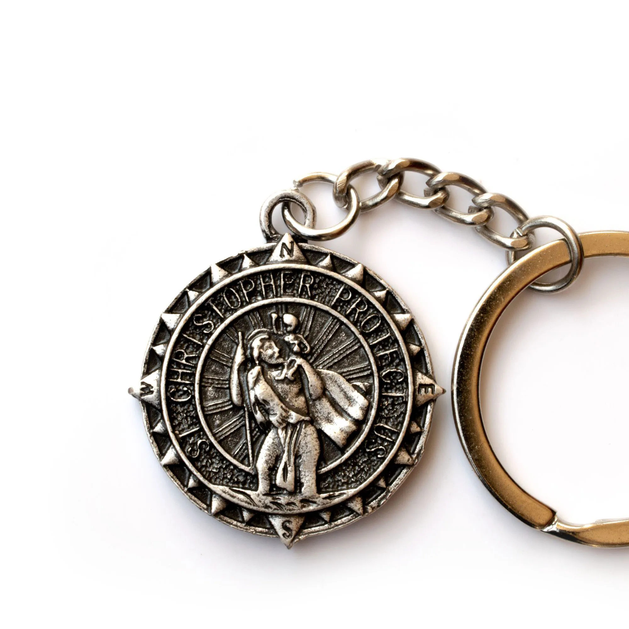 St Christopher keychain Solid  Engraved Round Medallion Antiqued Religious Protector Talisman key chain