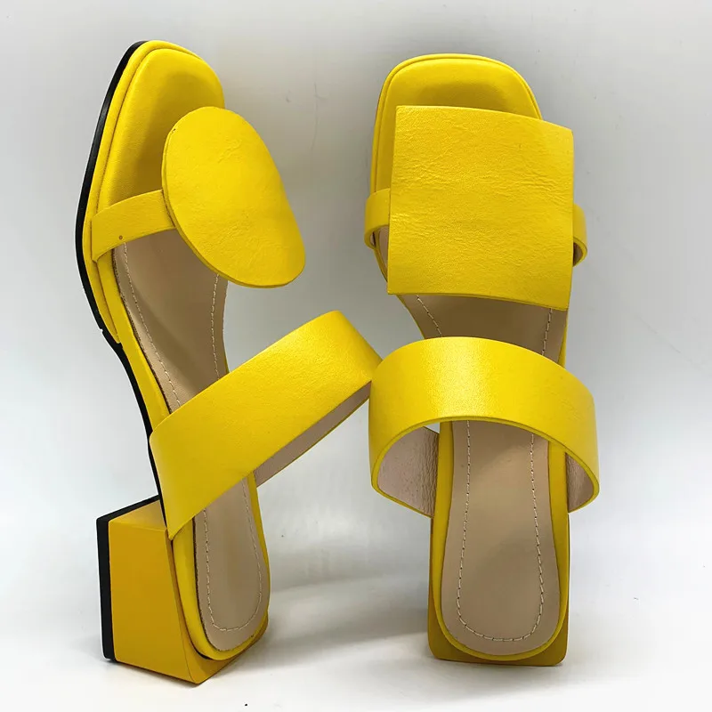 

2024 New Summer Shoes Women Slippers Pu Leather 4.2cm Square Heels Geometry Women Sandals Ladies Casual Shoes Size 32-48
