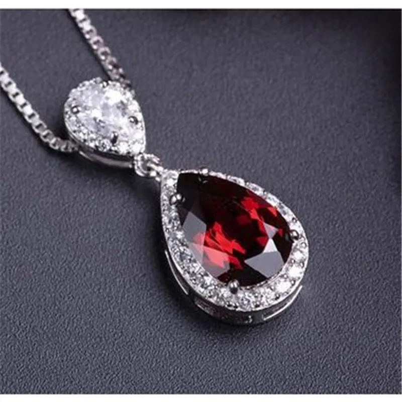 S925 Sterling Pendant Water Drop Created Topaz Blue & Ruby Pendant Bride Wedding Engagement Party Fine Jewelry Necklace No Chain