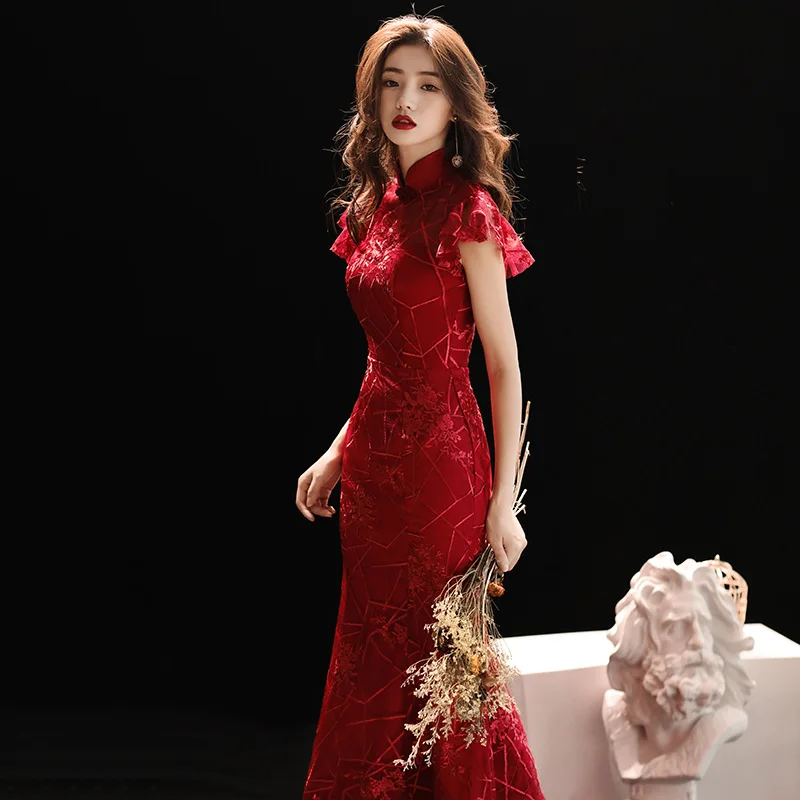 

Burgundy Wedding Qipao Long Cheongsam Modern Chinese Traditional Dress Sexy Cheongsam Dress Robe Chinoise Vestido Oriental Prom