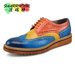 Men's Retro Genuine Leather Lace Up Fretwork Mixed Colors Oxfords Bussiness Mens Formal Dress Wedding Brogue Shoes