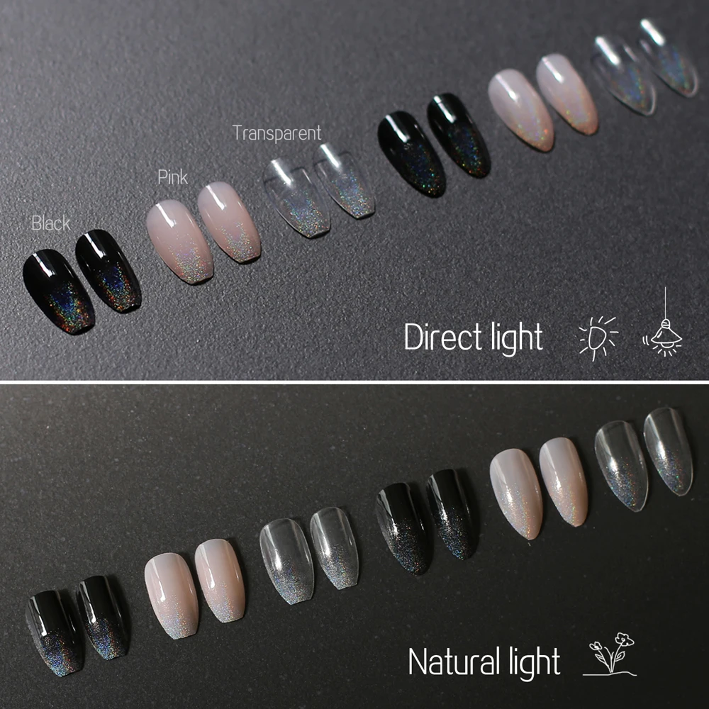 Holografische Ombre Clear Fake nagel stiletto nagels zwart medium Laser Kunstnagels punt Tip 24pcs roze Meisjesdecoratie