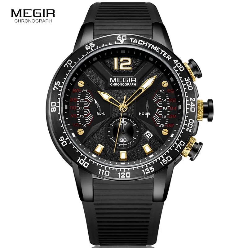 MEGIR Men\'s Army Sport Quartz Watches Silicone Band Chronograph Waterproof Luminous Wristwatch Man Relogios Masculino 2106 Black