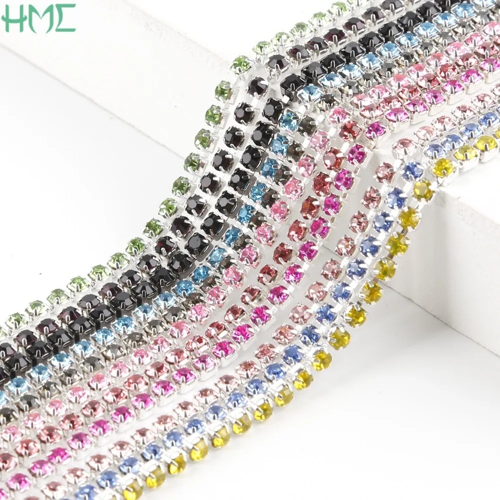 Hot Sale 1M/lot 2/2.5/2.8/3mm Rhinestone Chain Silver Base Crystal Rhinestone Trim For Wedding Party Decoration & Jewelry Making