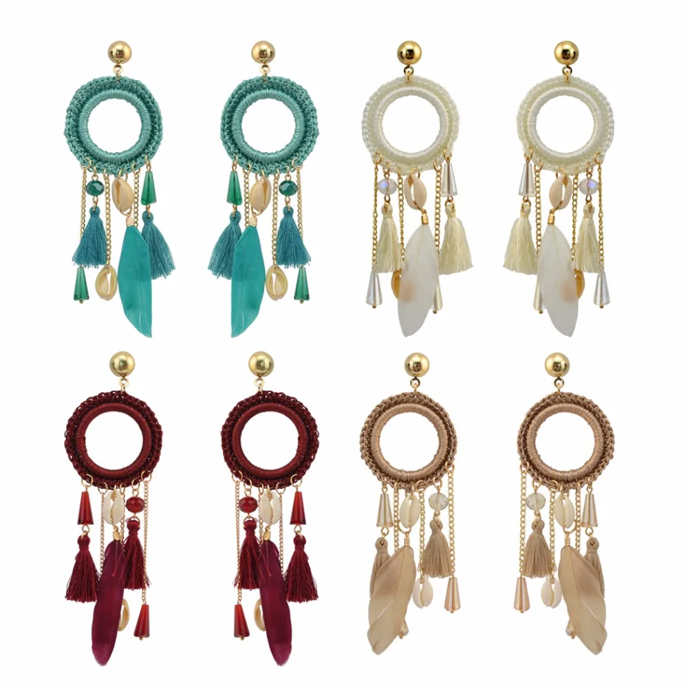 Gypsy Ethnic Boho Big Woven Rope Long Feather Drop Earrings Fringe Thread Shell Tassel Earring Turkish Party Festival Jewelry