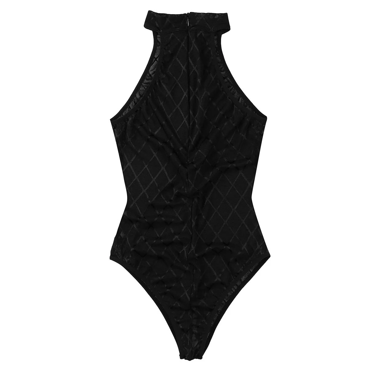 Women Sexy Lingerie Body Suit Catsuit Sleeveless One Piece Crotchless Bodysuit Plaid See Through Mesh High Cut Leotard Nightwear