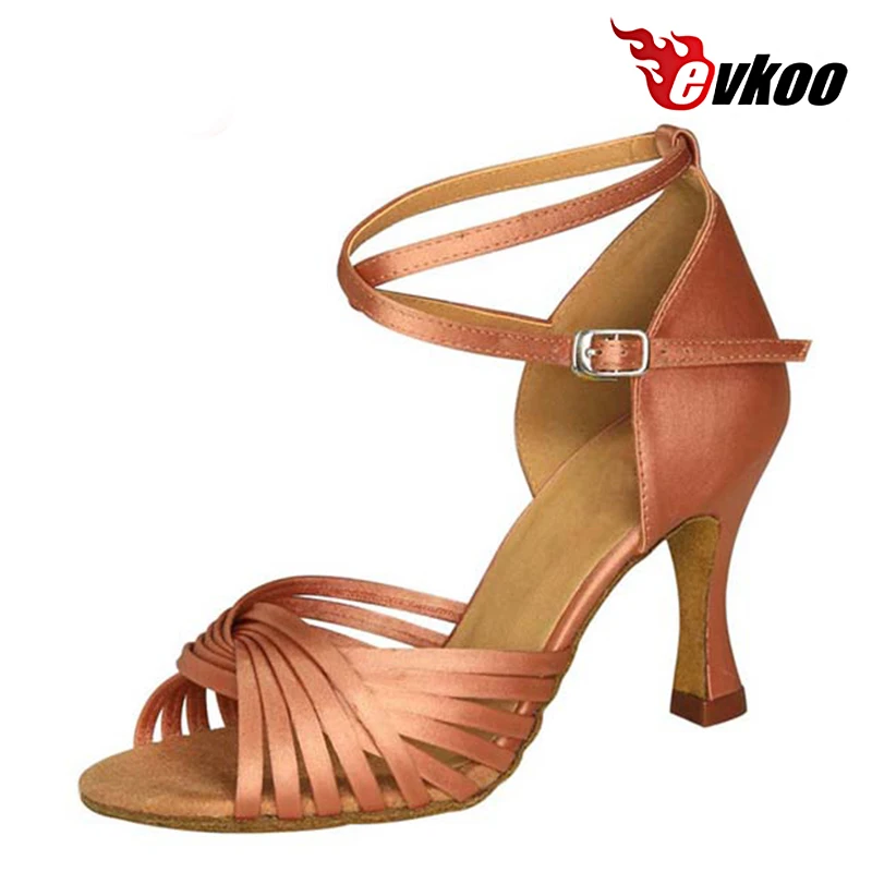 Sepatu dansa Latin warna OEM Evkoodance untuk wanita dibuat oleh bahan Satin kualitas tinggi 7cm sepatu dansa pesta tinggi tumit