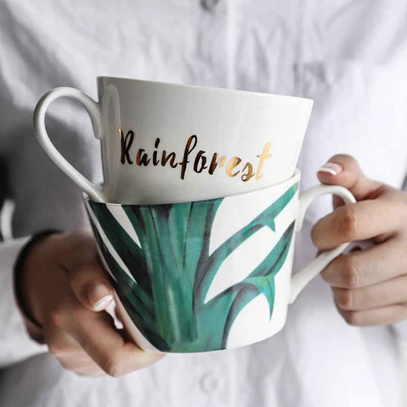 

450ml Green Leaf Large Mug, Ceramic Milk Oatmeal Mug Water Cup Porcelain Coffee Mug Tea Cup Microwave Safe