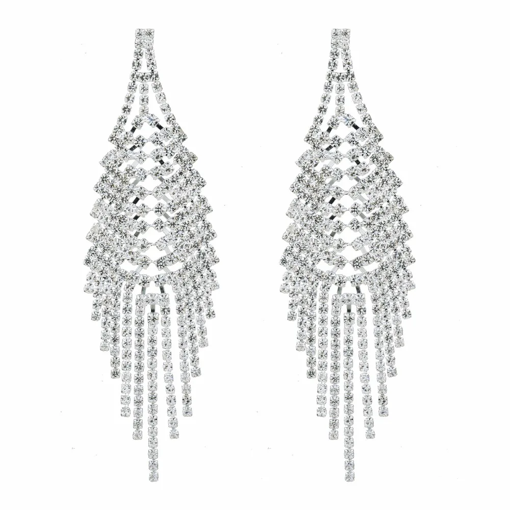 CHRAN Fashion Statement Silver Plated Chandelier Crystal Jewelry Rhinestone Long Tassel Earrings For Women Wedding Earring Bride