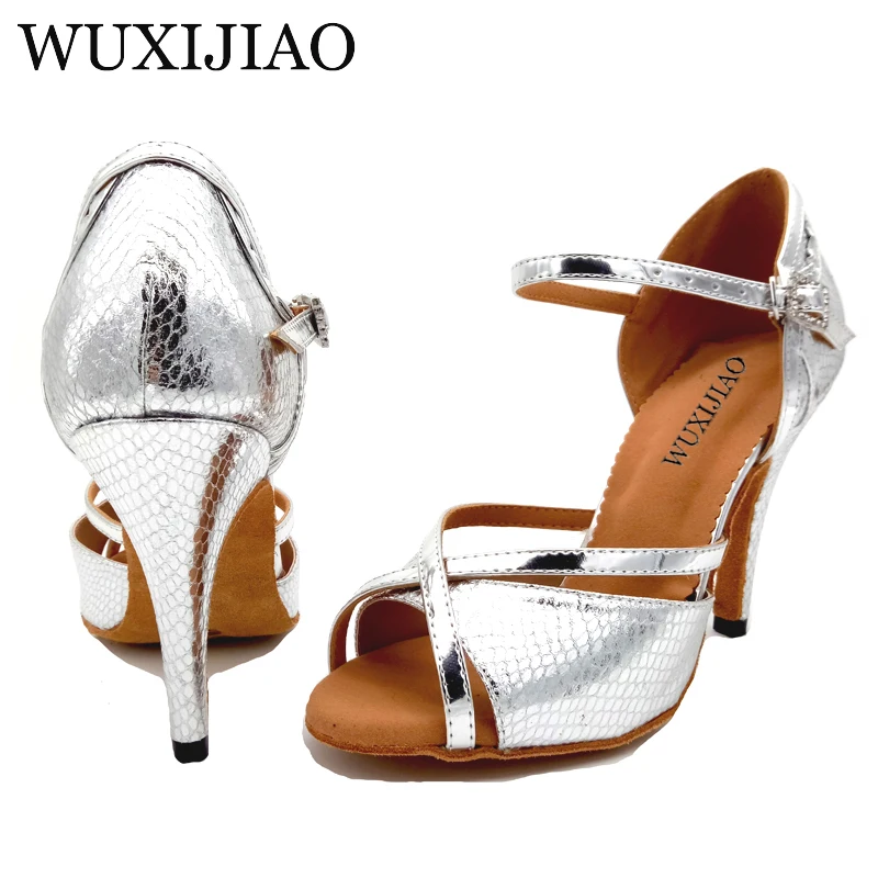 WUXIJIAO 2018 New Women Snake texture PU Silver Shoes For Dance Shoes Ladies Latin Ballroom Salsa Dance Shoes Sandals